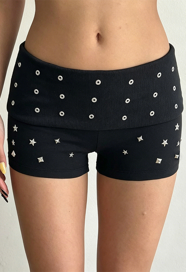 Gothic Black Studded Knit Shorts Retro Y2K Style Eyelet and Star Low-Rise Shorts